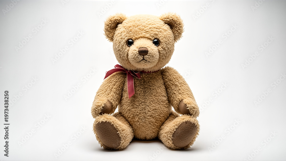 Obraz premium A classic fluffy brown teddy bear with a red ribbon tied around its neck, sitting against a plain white background.