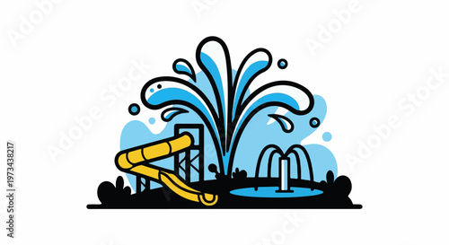 A stylized illustration depicts a yellow water slide and fountains with splashing water