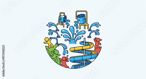 Cartoon depicts a water park with slides, splashing water, and figures playing