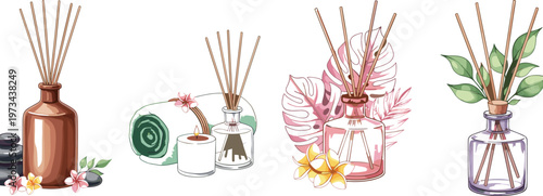 Aromatic reed diffuser collection with glass bottles, essential oils and decorative plants, home fragrance vector illustration set