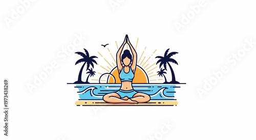 Woman meditating on beach with sunrise, palm trees, and ocean waves