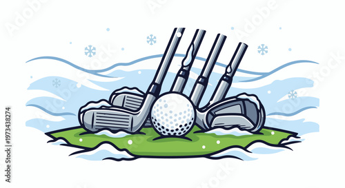 Golf clubs and ball nestled in snow on a green patch, with snowflakes falling
