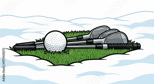 A golf ball and multiple clubs rest on green grass against a backdrop of light blue wavy shapes