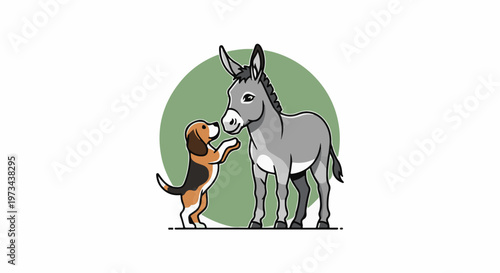 A cute cartoon dog greets a friendly donkey under a green circle