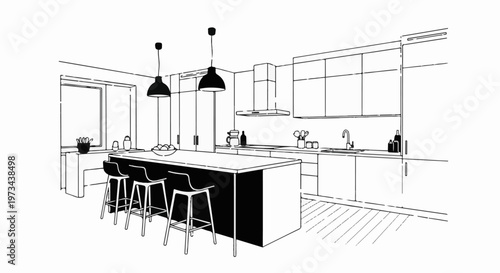 Modern kitchen sketch featuring an island, bar stools, cabinetry, and appliances
