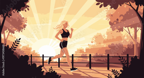 A woman with blonde hair jogs past trees and a fence during a golden sunrise
