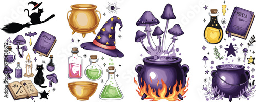 Witchcraft and magic potion collection with cauldron, spell book, mushrooms and mystical elements in fantasy vector illustration set