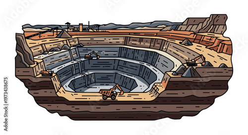 Open-pit mine with excavators and dump truck digging earth layers