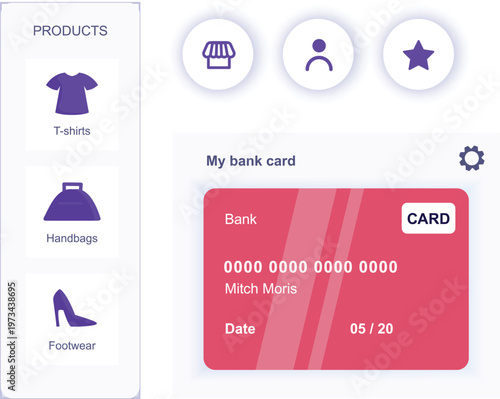User interface showing products, profile, and bank card details on a mobile app