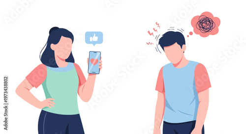 Online vs Real Life Social Media Pressure Illustration, Depressed Man with Mental Health Issues and Woman Seeking Digital Validation