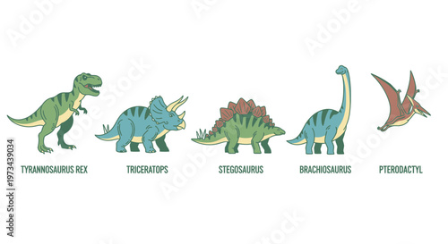 Collection of Cute Cartoon Dinosaurs Illustration - Tyrannosaurus, Triceratops, Stegosaurus, Brachiosaurus, Pterodactyl