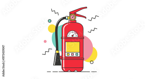 Red Fire Extinguisher Icon with Colorful Abstract Shapes and Zigzags