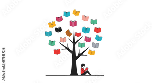 Person reading under a tree with books as leaves.