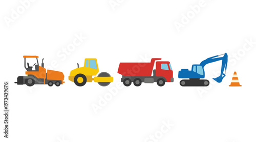Construction vehicle icons set. Paver, roller, dump truck, excavator. Road work vector.