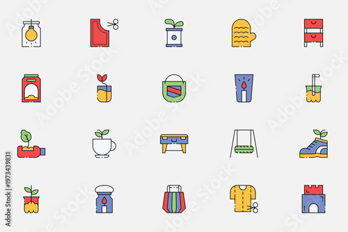 Upcycling creative crafts and handmade hobby icons set
