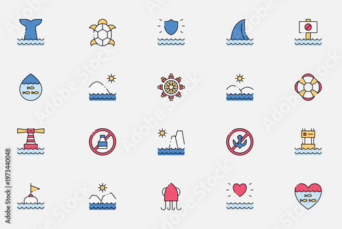 Ocean Marine Life and Sea Navigation Icons for Beach and Nautical Design