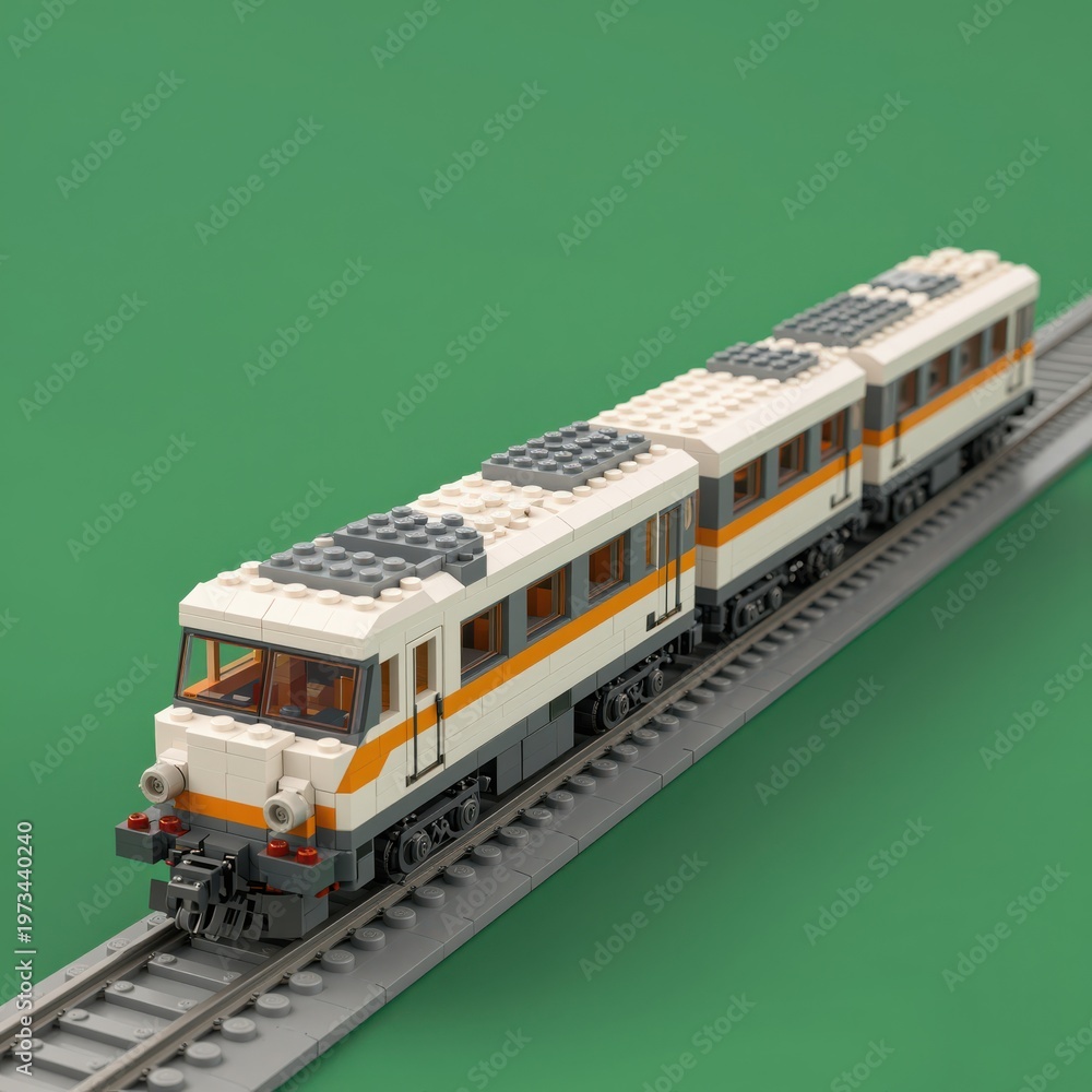 Obraz premium Lego Model of a White and Orange Passenger Train on Tracks with Green Background