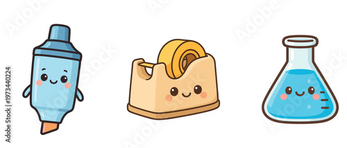 Cute smiling marker, tape dispenser, and laboratory flask characters