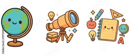 Cute educational objects with globe and telescope