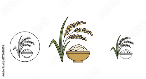 Minimalist Rice Icons Set Featuring Harvested Grain Stalks and Cooked Bowls Vector Illustration