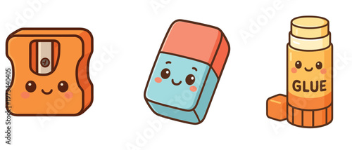 Cartoon pencil sharpener eraser and glue tube