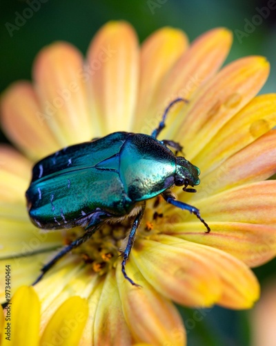 A bronze beetle on the petals of a yellow flower. Insects. The beauty of nature.