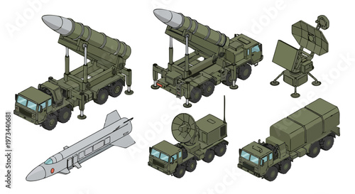 Military rocket launcher truck. Green army vehicle for defense. Tactical weapon vector.