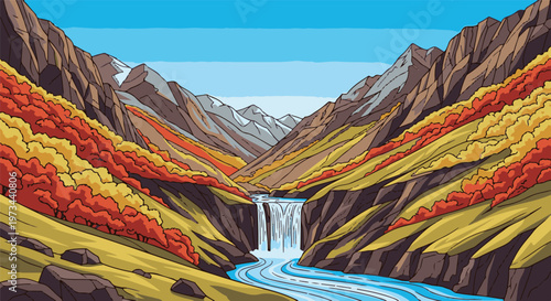 Pixelated mountain valley with a waterfall and autumnal foliage