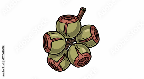A cluster of five green, rounded seed pods with reddish-brown interiors and markings