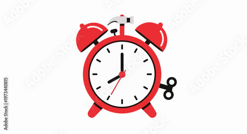 A red alarm clock with a hammer on top and winding key on the side