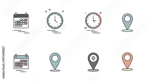 Minimalist Line Art Schedule and Location Icons Set for Time Management and Navigation UI