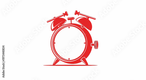 Retro red alarm clock with dual bells and a winding knob, set against a stark white background