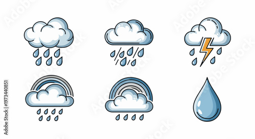 Cartoon weather icons featuring clouds, rain, lightning, and rainbows