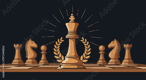 A regal chess king stands centered, surrounded by a laurel wreath, on a checkered board