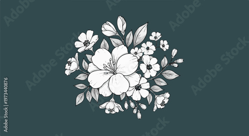 Delicate black and white flower arrangement on a deep teal background