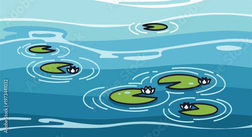 A tranquil pond scene with green lily pads and white blooms on rippling blue water