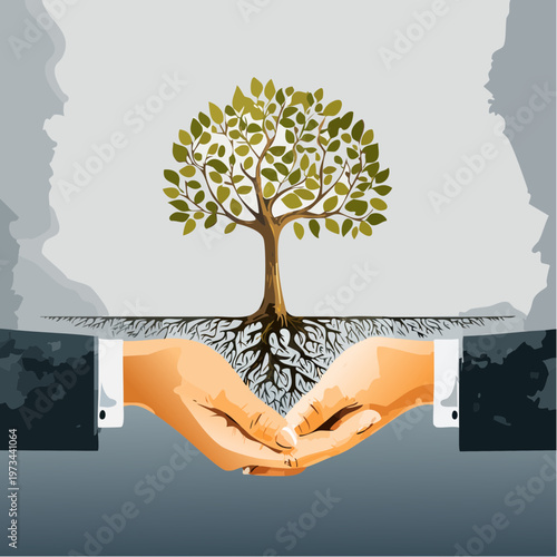 Hands nurturing a tree with visible roots symbolizing growth and care.