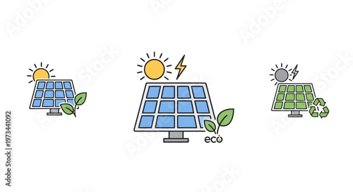 Green Energy Solar Panel Icon Set Flat Line Art Sustainability Renewable Power Symbols