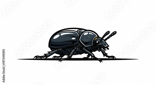 A glossy black beetle with detailed legs and antennae is depicted against a white background