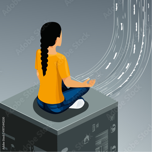 Woman meditating on a server box symbolizing digital detox and mental well-being.