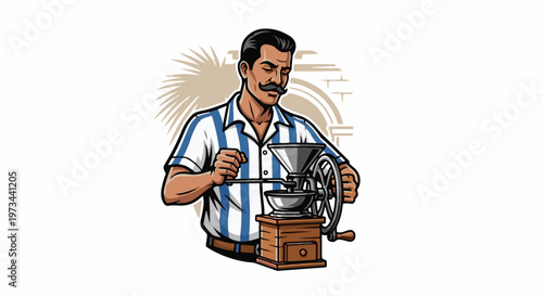 A man with a mustache grinds coffee beans using a vintage hand-crank grinder