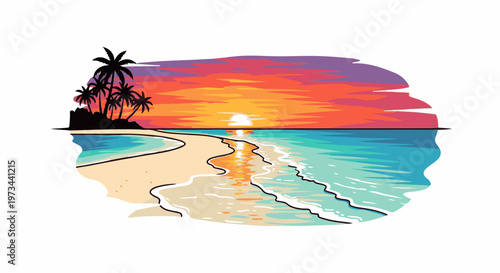 Tropical beach at sunset with palm trees and vibrant sky