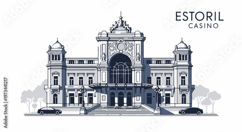 A monochrome illustration of a grand casino building with ornate architecture, trees, and cars