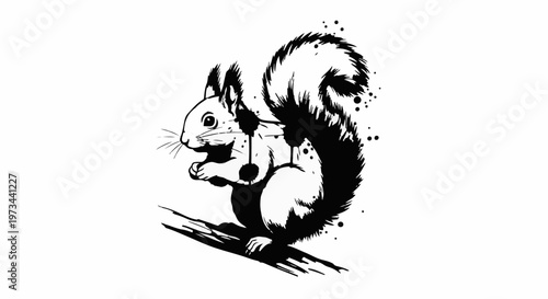 A black ink drawing of a squirrel perched on a branch, splattered with ink