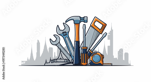 A collection of assorted construction tools is arranged in front of a city skyline silhouette