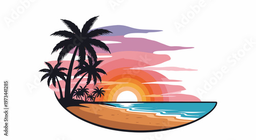 Silhouette of palm trees on a beach at sunset, with vibrant sky and ocean waves