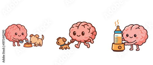 Cute brain character feeding and walking dog with bottle warmer