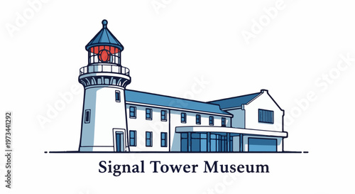 Stylized illustration of a white museum building with a prominent lighthouse