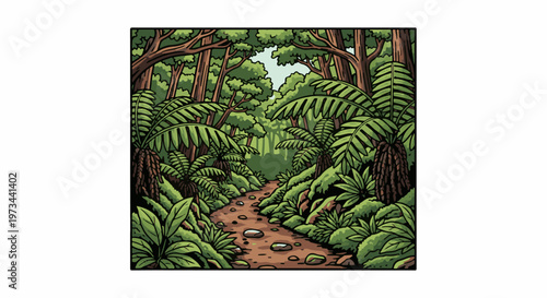 A pixelated path winds through a lush, green jungle with large ferns and trees