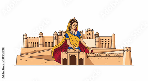 Woman in traditional attire at a historic fort entrance, against a backdrop of ancient architecture